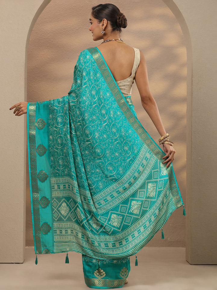 Blue Printed Silk Blend Saree With Unstitched Blouse Piece