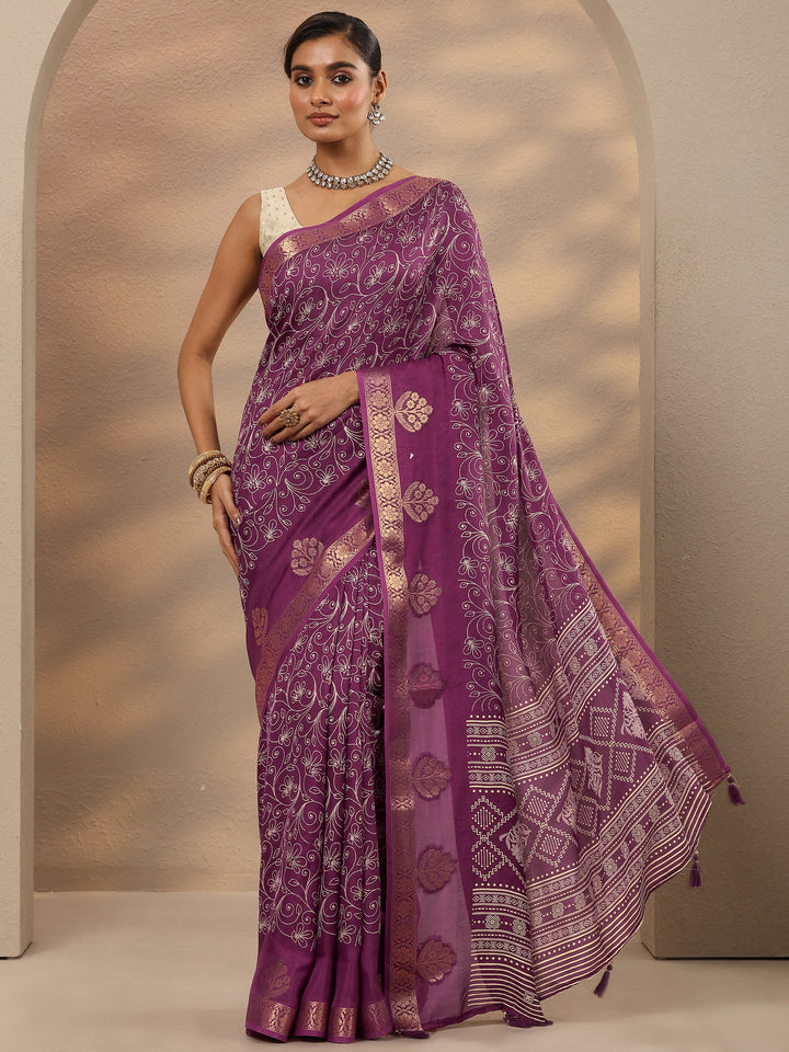 Burgundy Printed Silk Blend Saree With Unstitched Blouse Piece