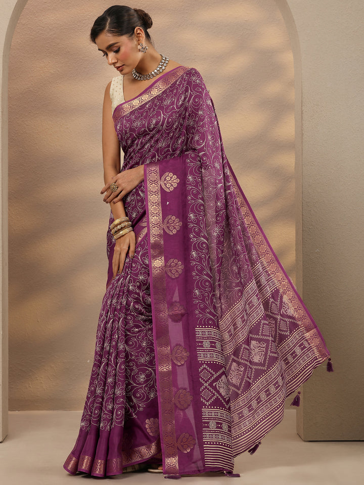 Burgundy Printed Silk Blend Saree With Unstitched Blouse Piece