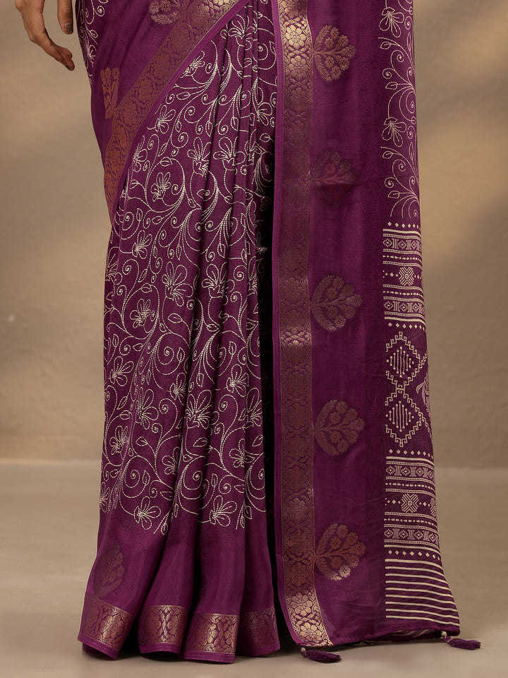 Burgundy Printed Silk Blend Saree With Unstitched Blouse Piece