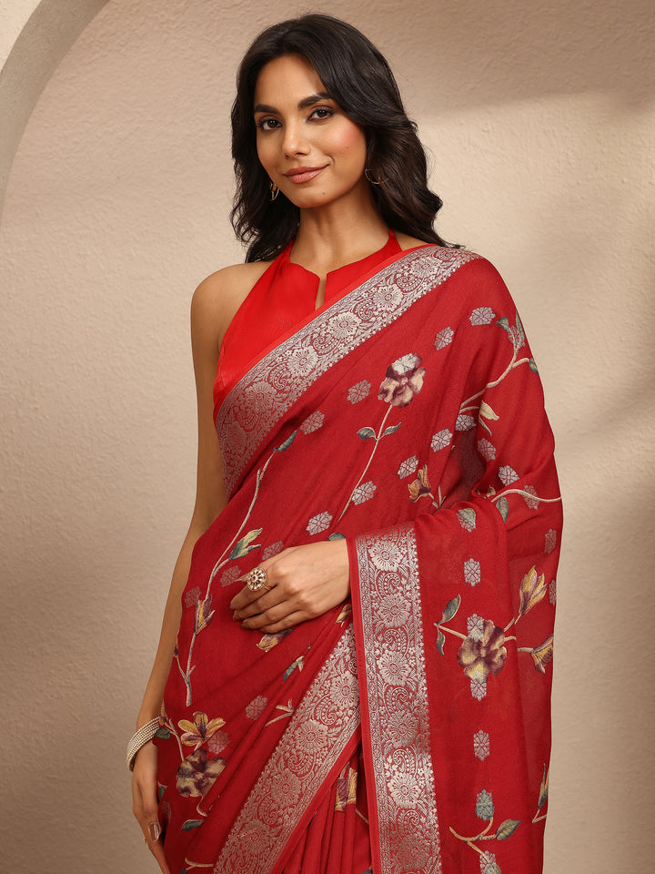 Red Printed Georgette Saree With Unstitched Blouse Piece