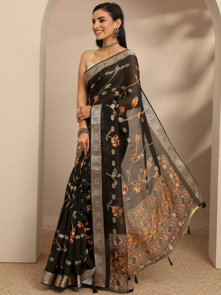 Black Printed Georgette Saree With Unstitched Blouse Piece