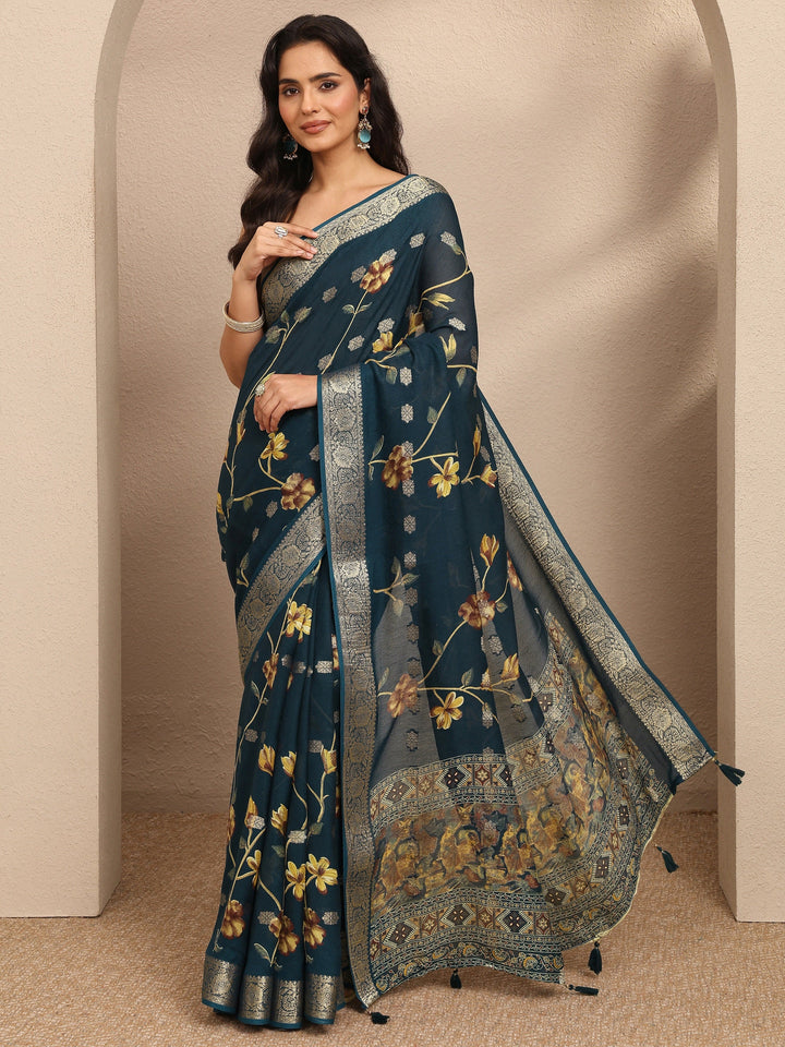 Teal Printed Georgette Saree With Unstitched Blouse Piece