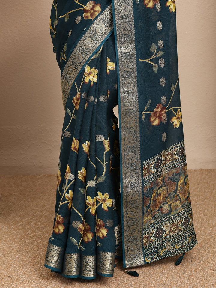 Teal Printed Georgette Saree With Unstitched Blouse Piece