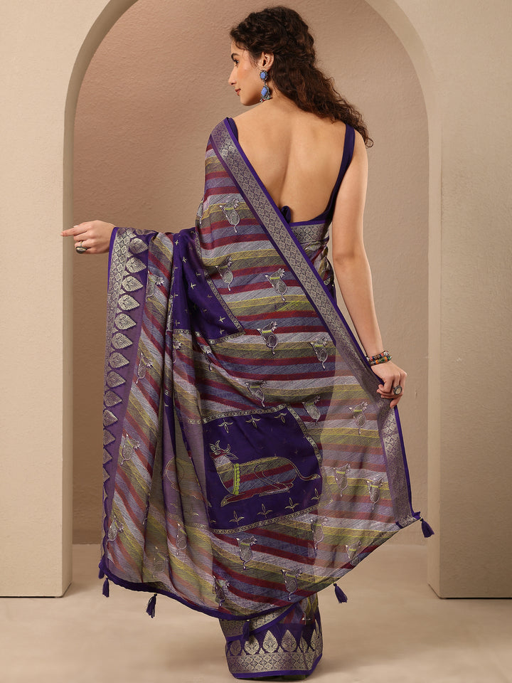 Purple Printed Silk Blend Saree With Unstitched Blouse Piece