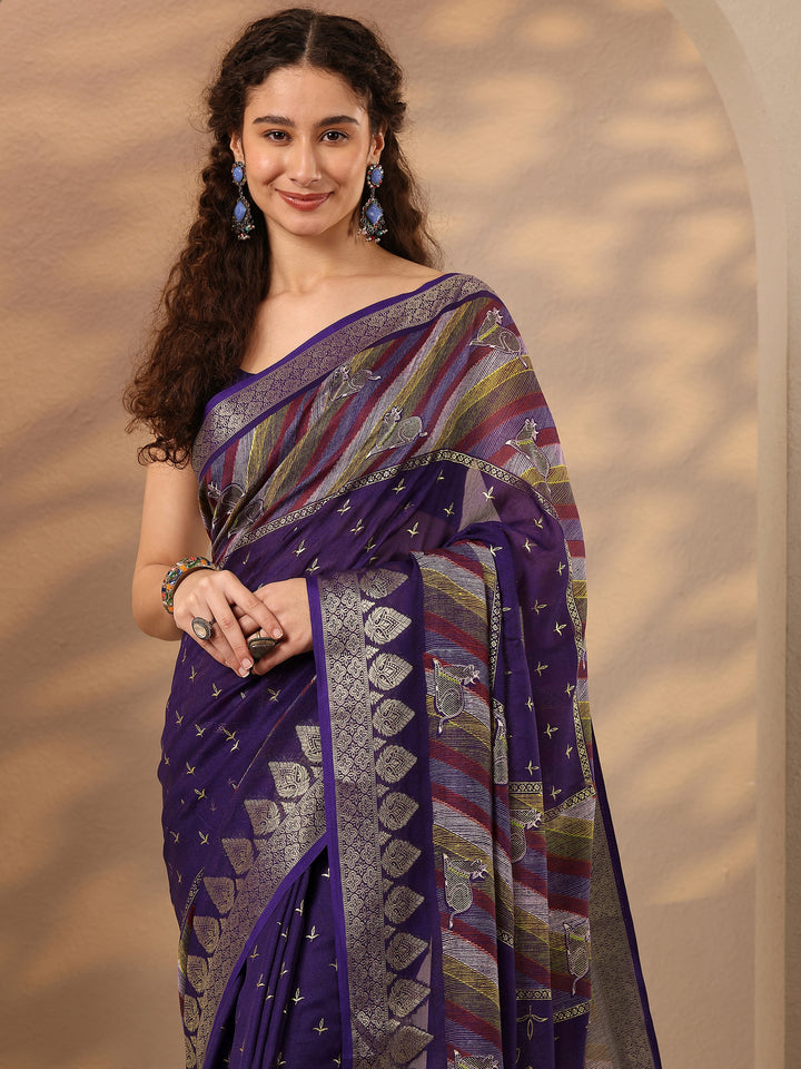 Purple Printed Silk Blend Saree With Unstitched Blouse Piece