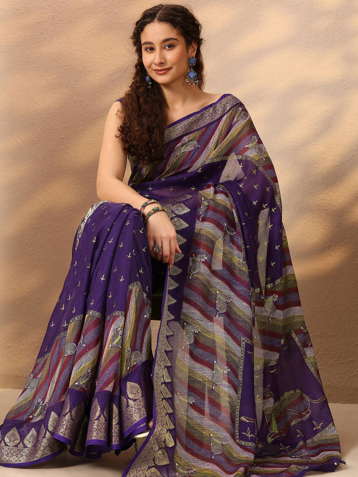 Purple Printed Silk Blend Saree With Unstitched Blouse Piece