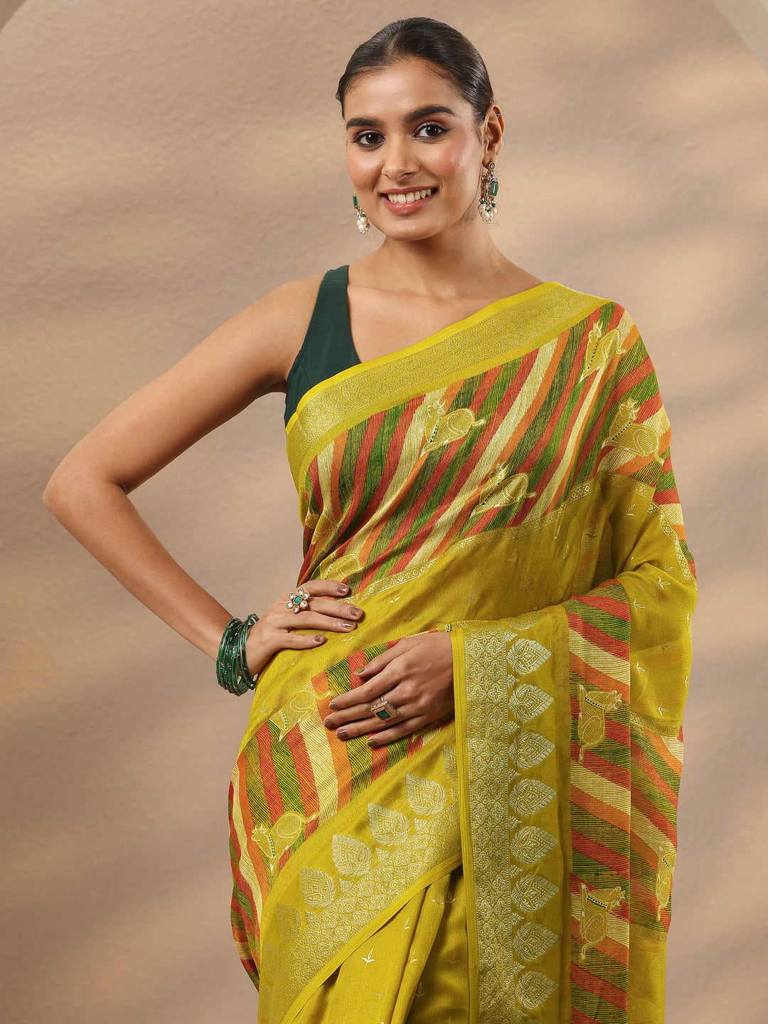 Lime Green Printed Silk Blend Saree With Unstitched Blouse Piece