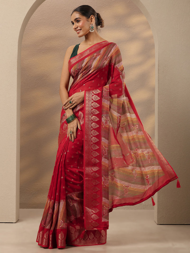 Red Printed Silk Blend Saree With Unstitched Blouse Piece