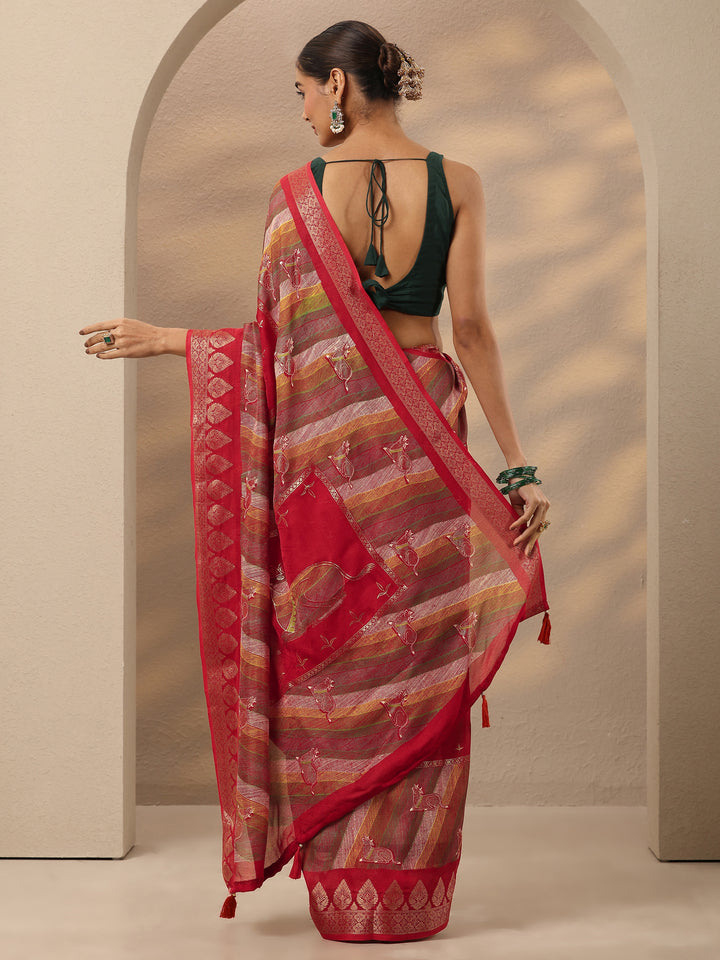 Red Printed Silk Blend Saree With Unstitched Blouse Piece