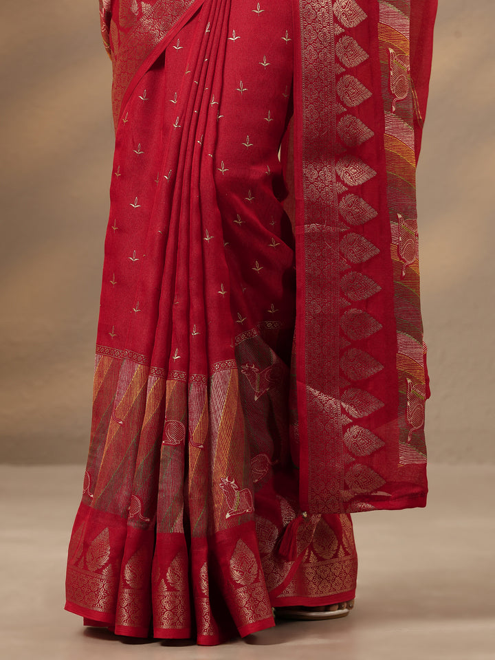 Red Printed Silk Blend Saree With Unstitched Blouse Piece