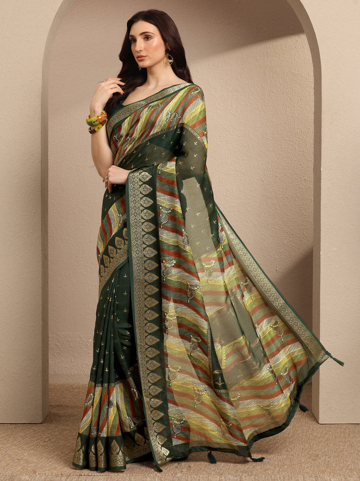 Green Printed Silk Blend Saree With Unstitched Blouse Piece