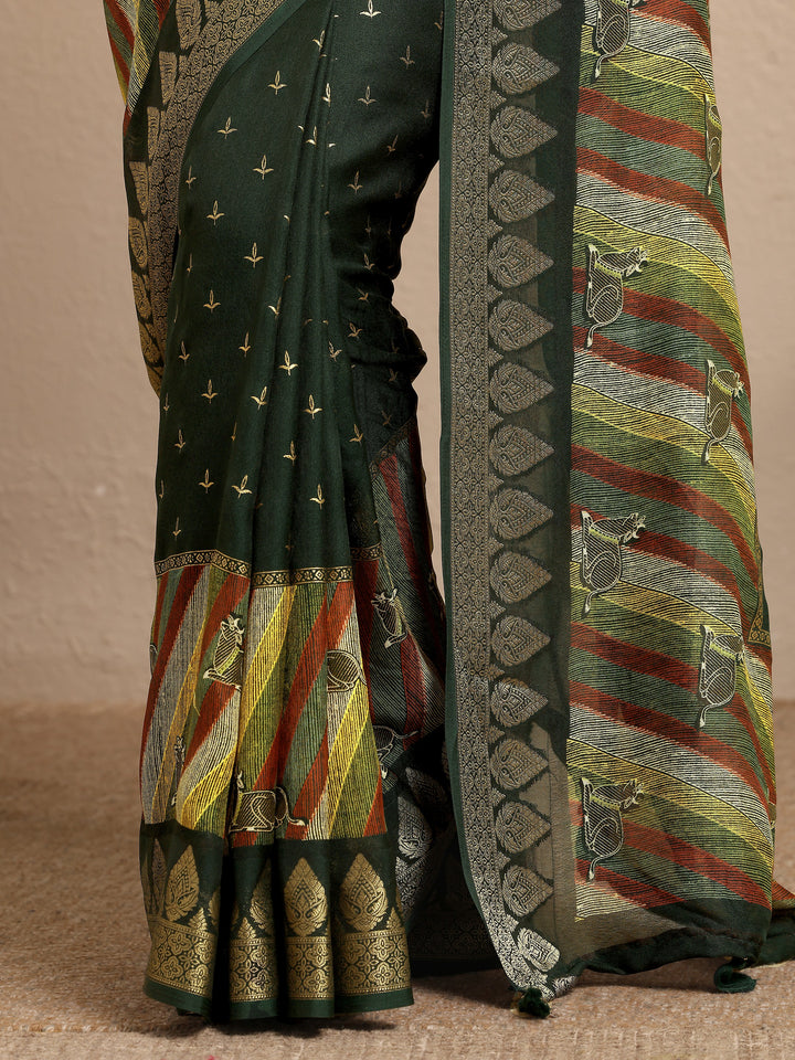 Green Printed Silk Blend Saree With Unstitched Blouse Piece
