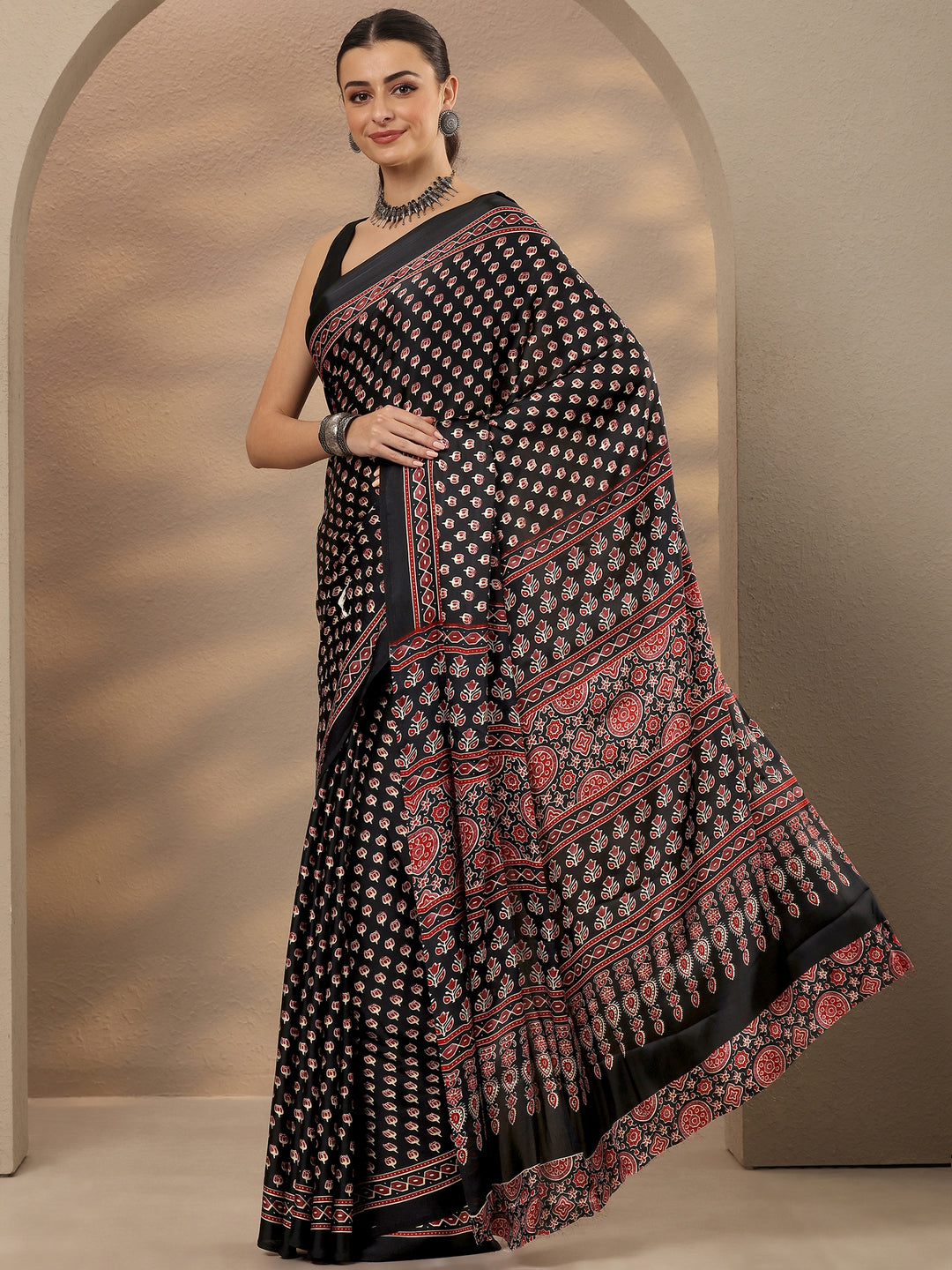 Black Printed Satin Saree With Unstitched Blouse Piece