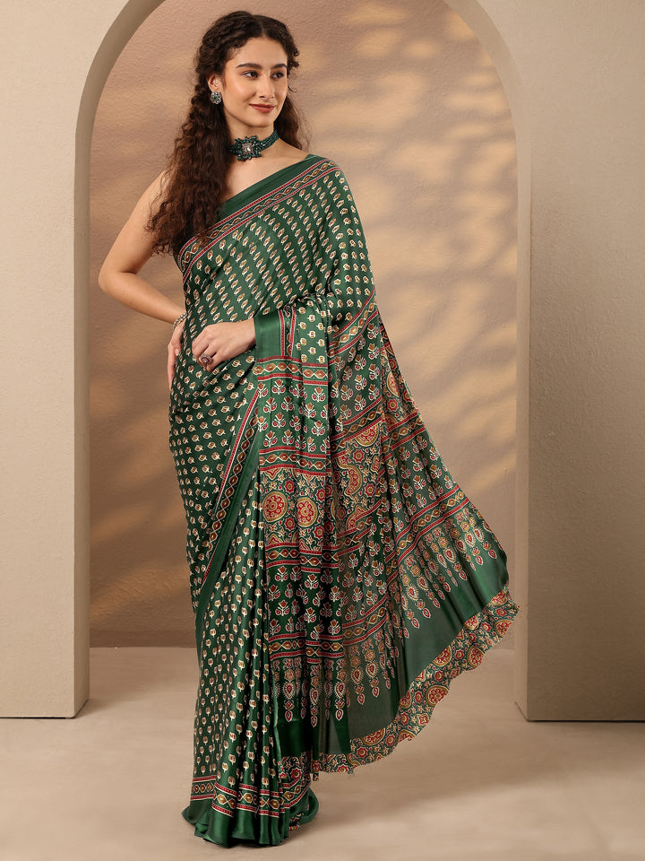 Green Printed Satin Saree With Unstitched Blouse Piece