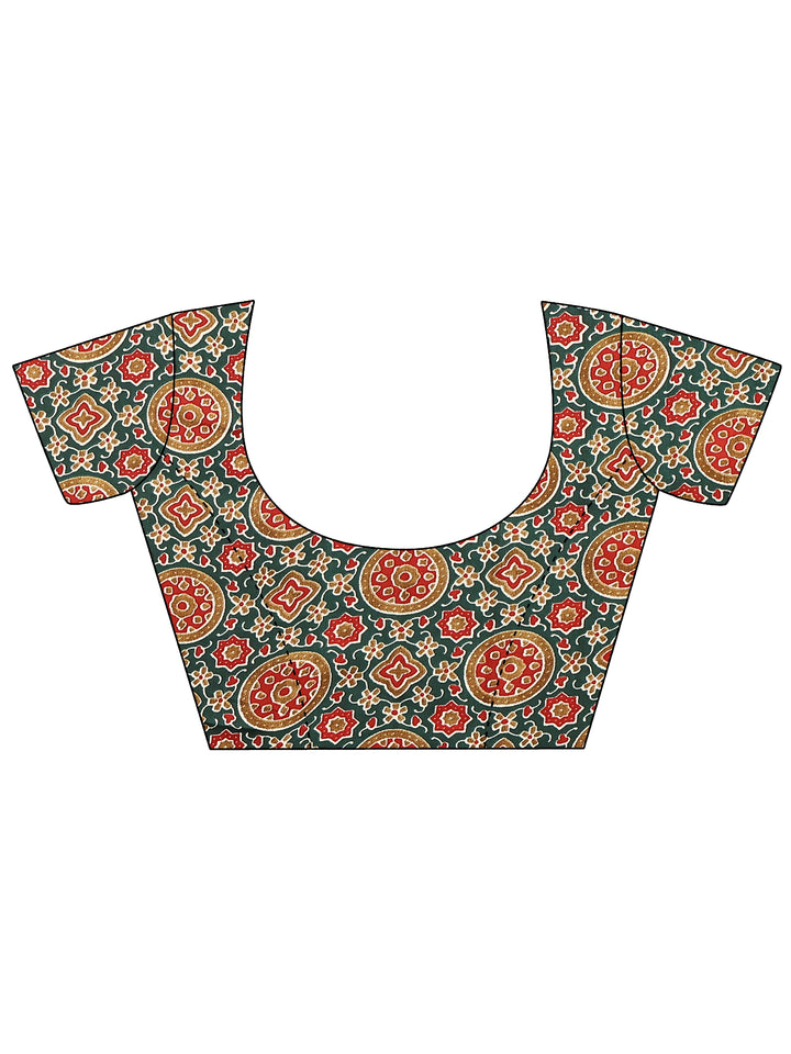 Green Printed Satin Saree With Unstitched Blouse Piece