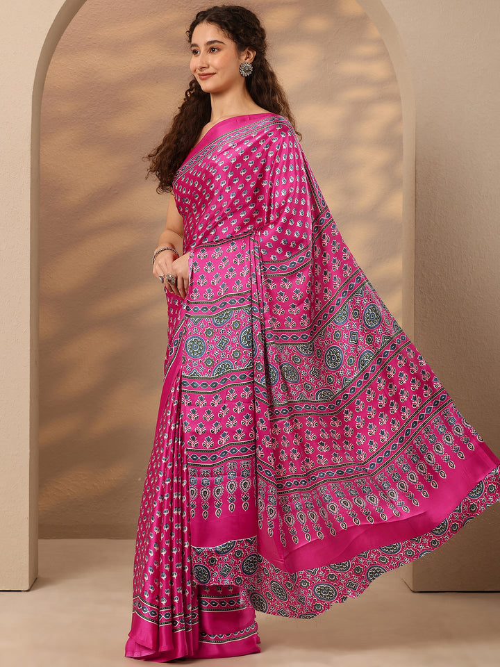 Pink Printed Satin Saree With Unstitched Blouse Piece
