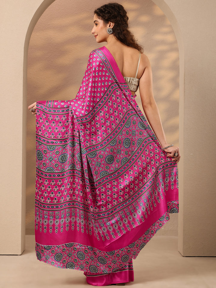 Pink Printed Satin Saree With Unstitched Blouse Piece
