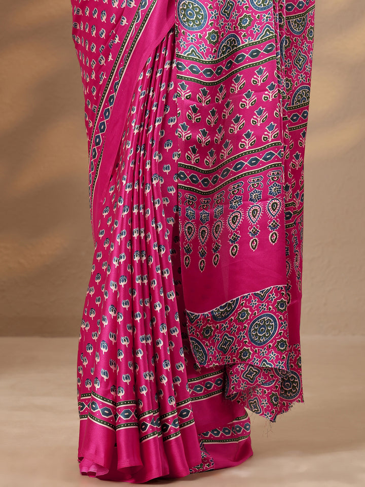 Pink Printed Satin Saree With Unstitched Blouse Piece