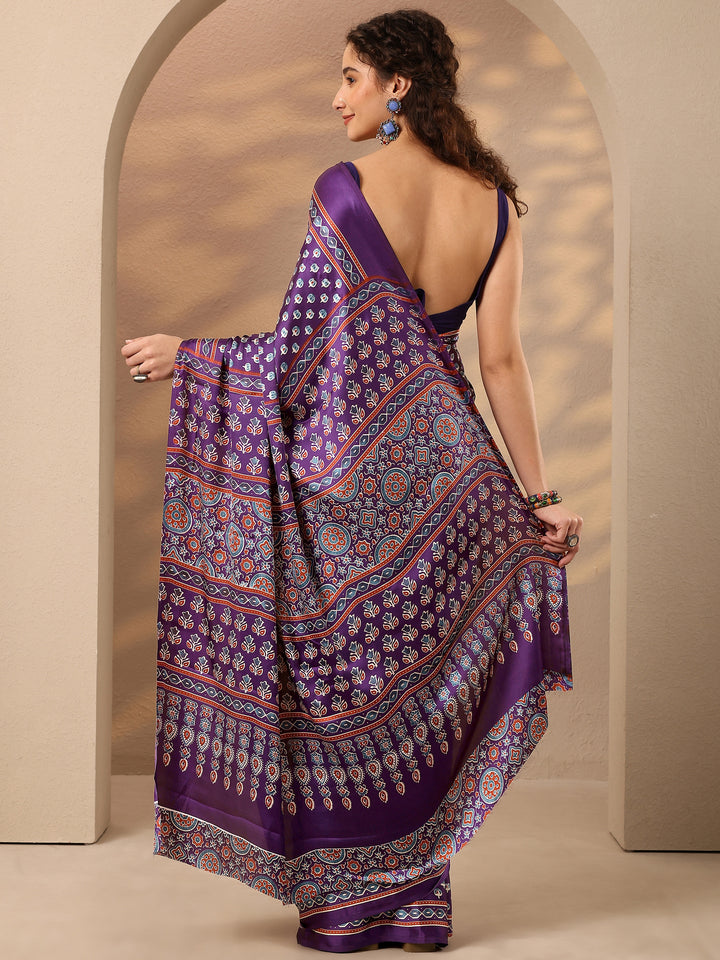 Purple Printed Satin Saree With Unstitched Blouse Piece