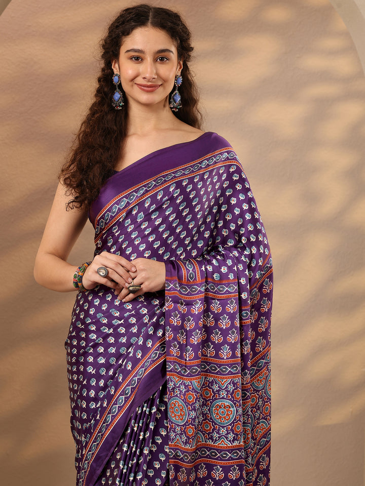 Purple Printed Satin Saree With Unstitched Blouse Piece