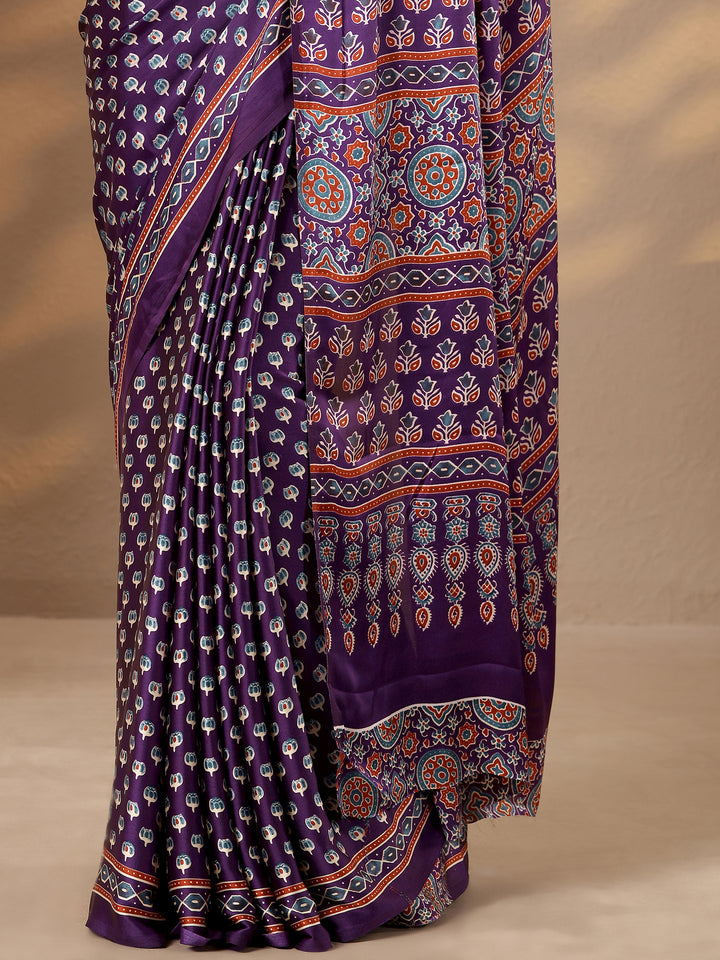 Purple Printed Satin Saree With Unstitched Blouse Piece
