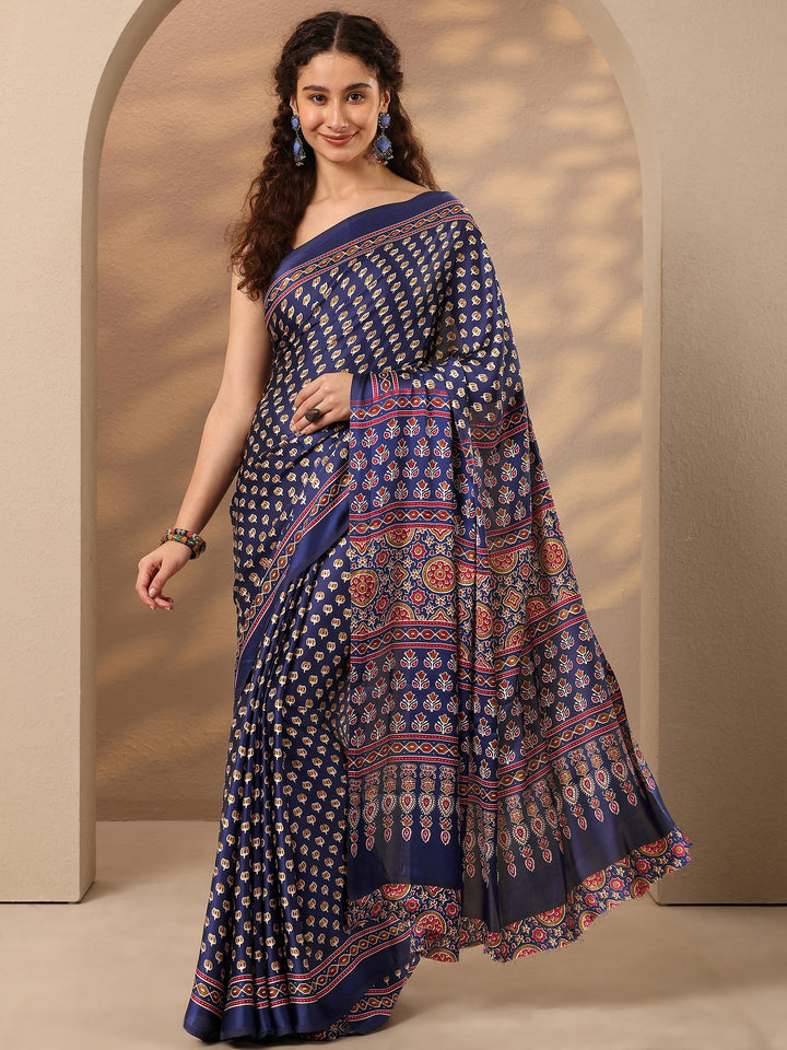 Blue Printed Satin Saree With Unstitched Blouse Piece