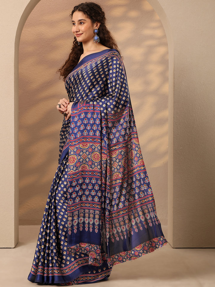 Blue Printed Satin Saree With Unstitched Blouse Piece
