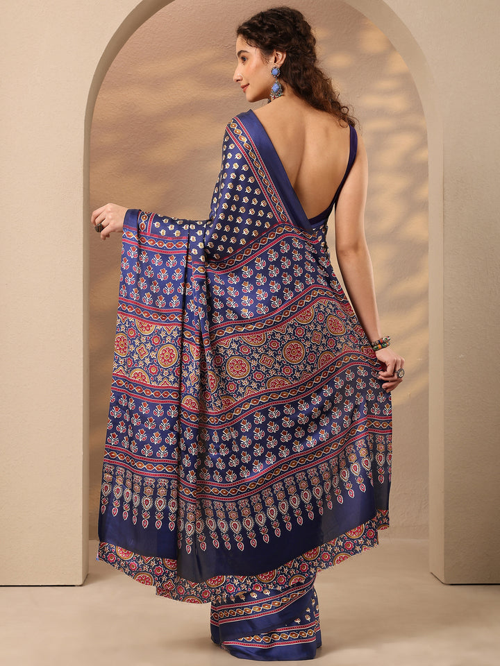 Blue Printed Satin Saree With Unstitched Blouse Piece