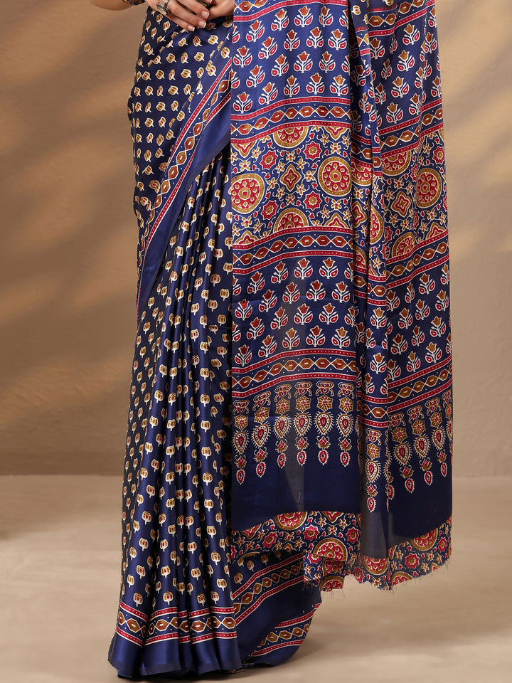Blue Printed Satin Saree With Unstitched Blouse Piece