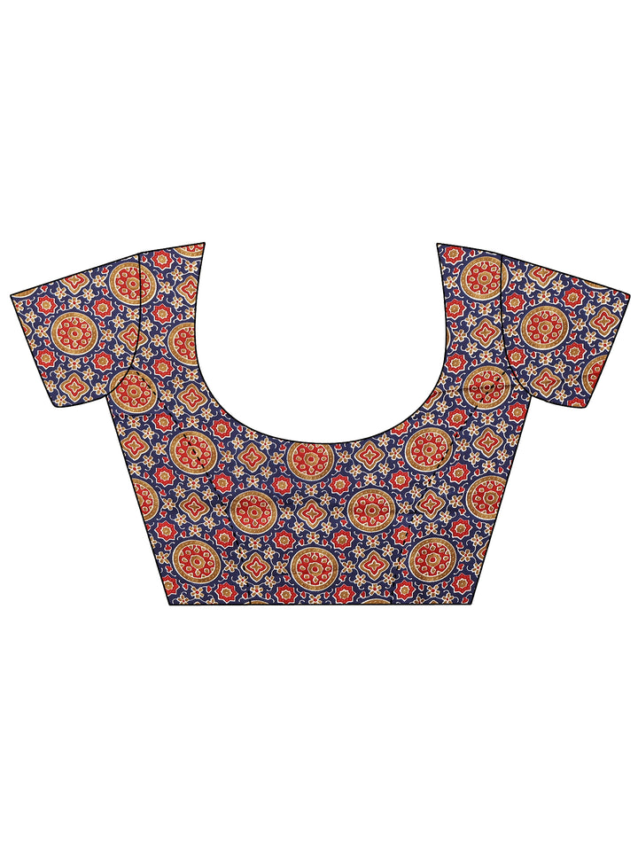 Blue Printed Satin Saree With Unstitched Blouse Piece