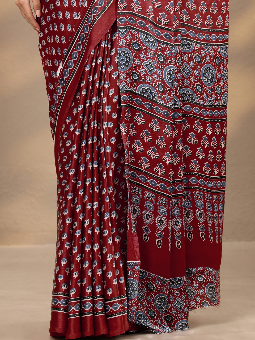 Maroon Printed Satin Saree With Unstitched Blouse Piece