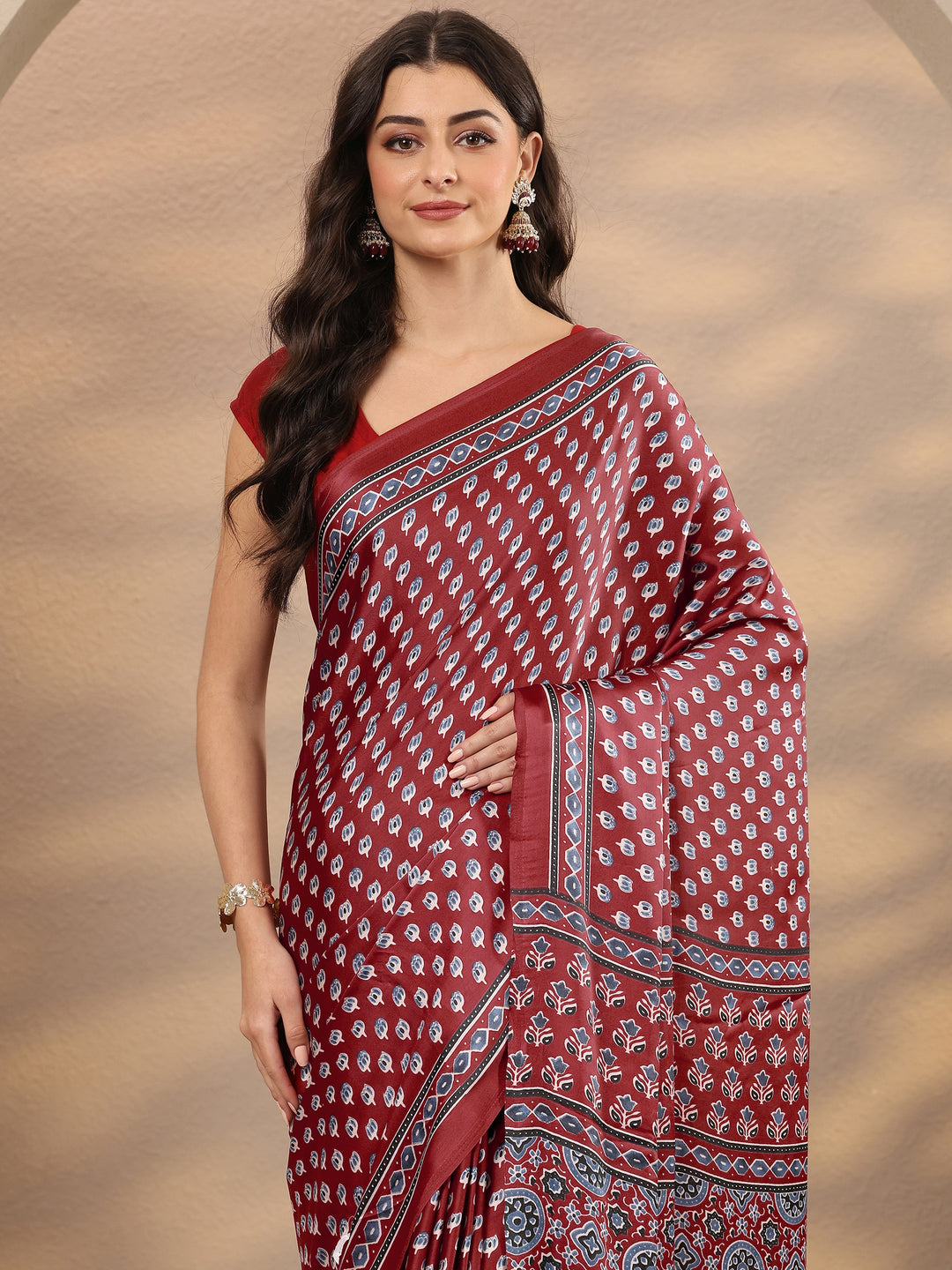 Maroon Printed Satin Saree With Unstitched Blouse Piece