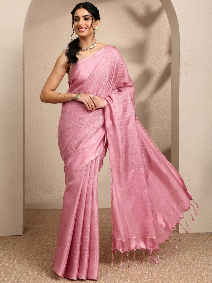 Pink Embellished Silk Blend Saree With Unstitched Blouse Piece