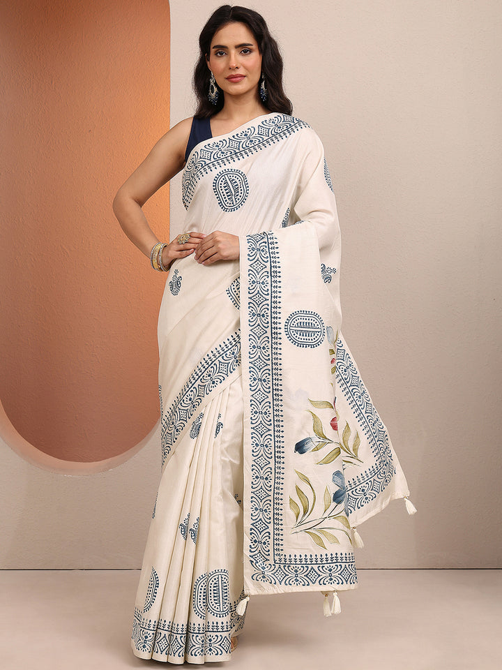 Off White Printed Silk Blend Saree With Unstitched Blouse Piece