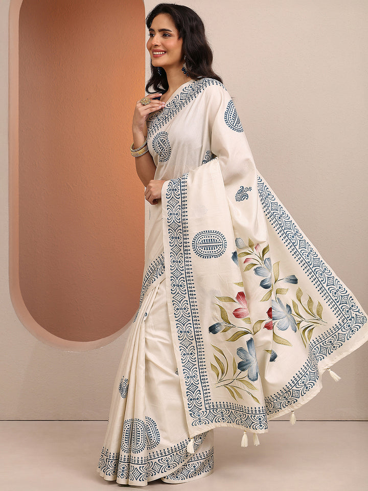 Off White Printed Silk Blend Saree With Unstitched Blouse Piece