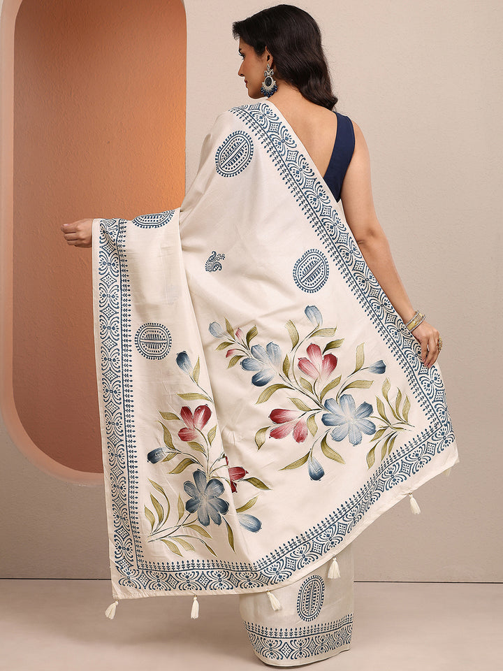 Off White Printed Silk Blend Saree With Unstitched Blouse Piece