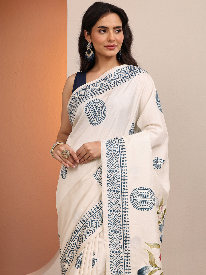Off White Printed Silk Blend Saree With Unstitched Blouse Piece