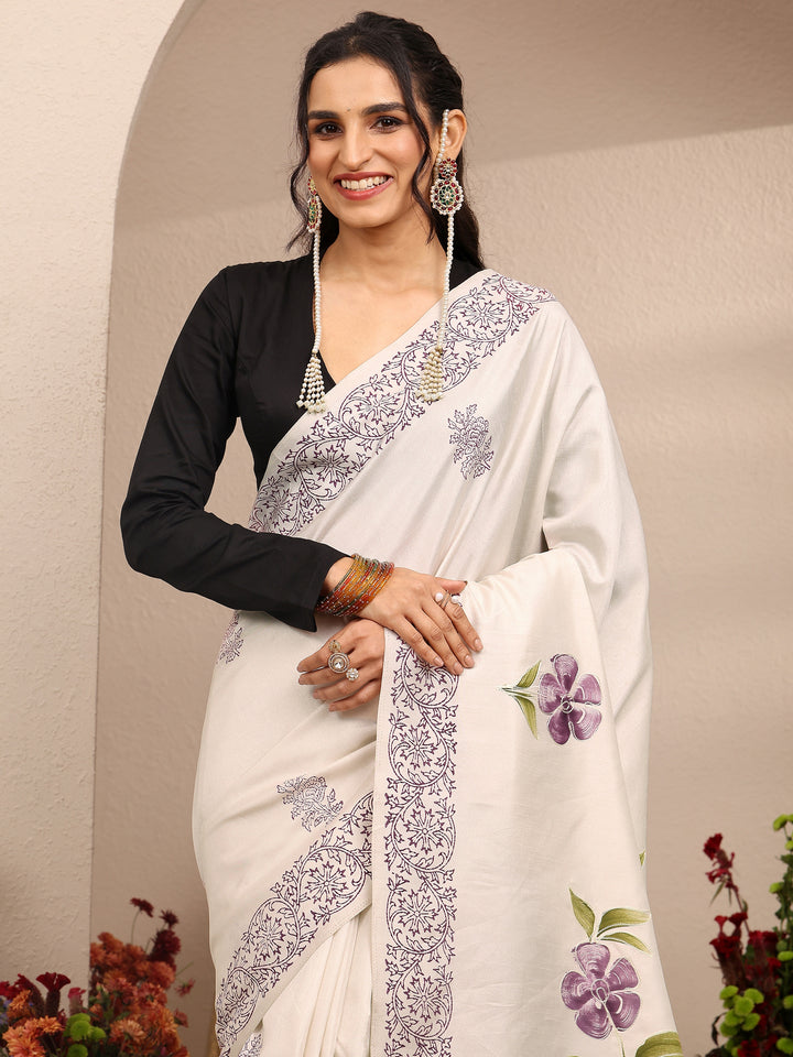 Off White Printed Silk Blend Saree With Unstitched Blouse Piece