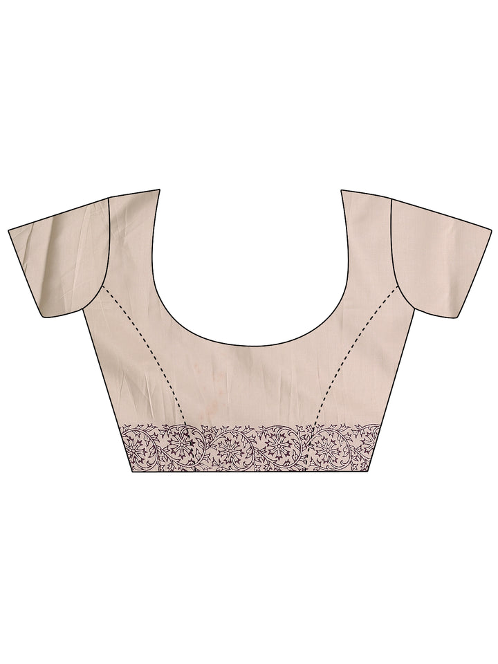 Off White Printed Silk Blend Saree With Unstitched Blouse Piece