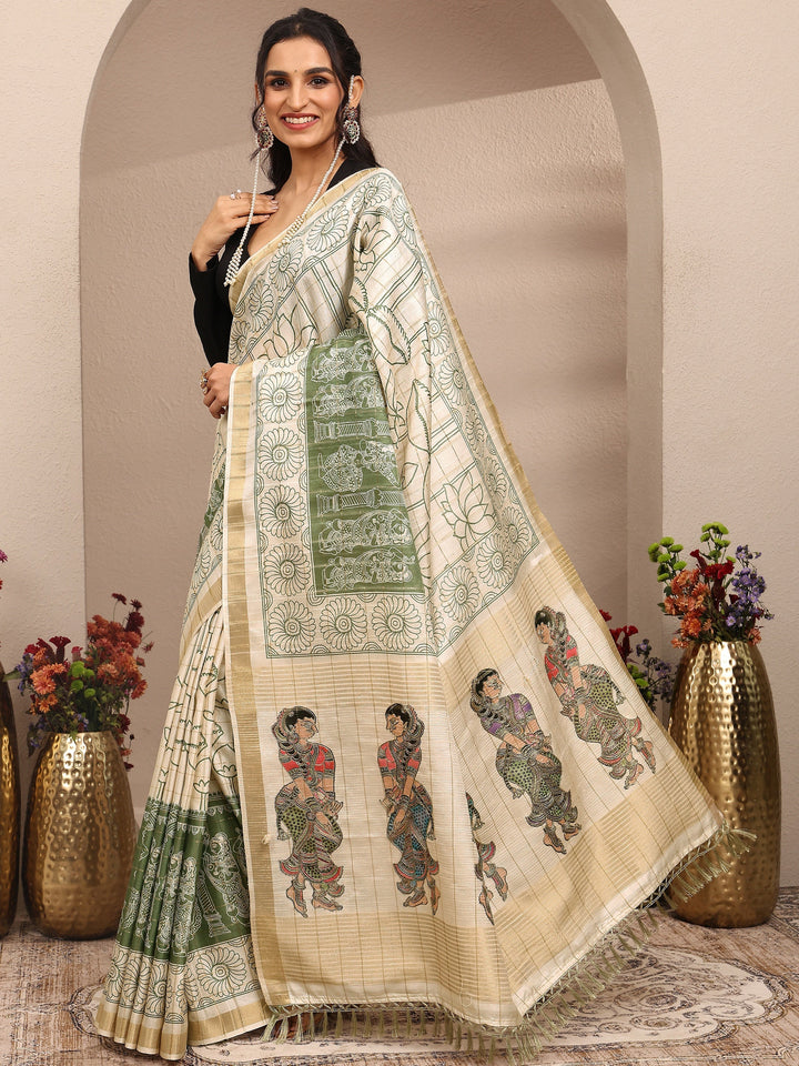 Cream Tribal Printed Silk Blend Saree With Unstitched Blouse Piece