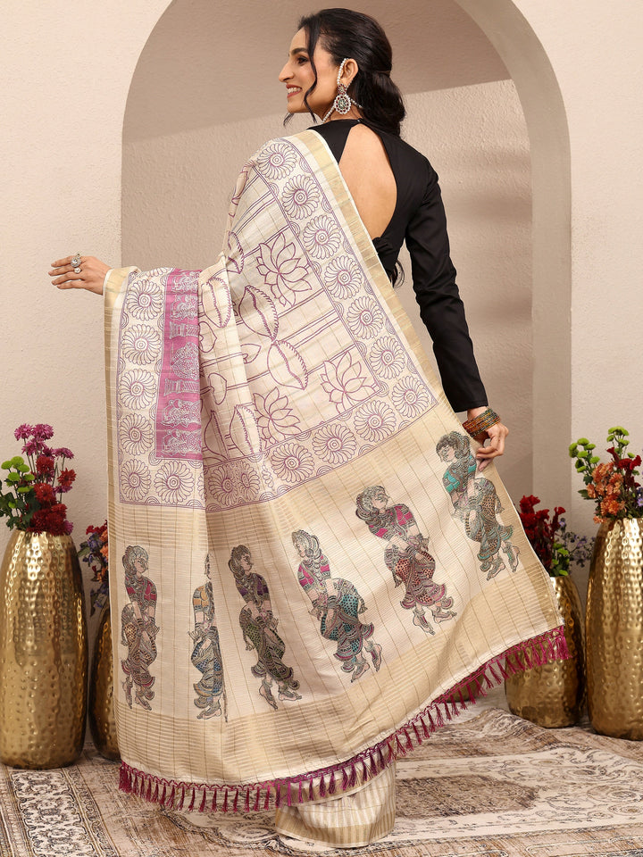 Cream Tribal Printed Silk Blend Saree With Unstitched Blouse Piece