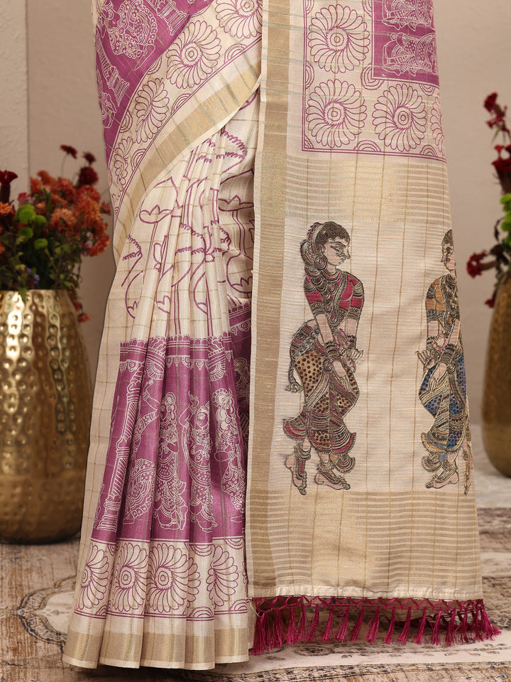 Cream Tribal Printed Silk Blend Saree With Unstitched Blouse Piece
