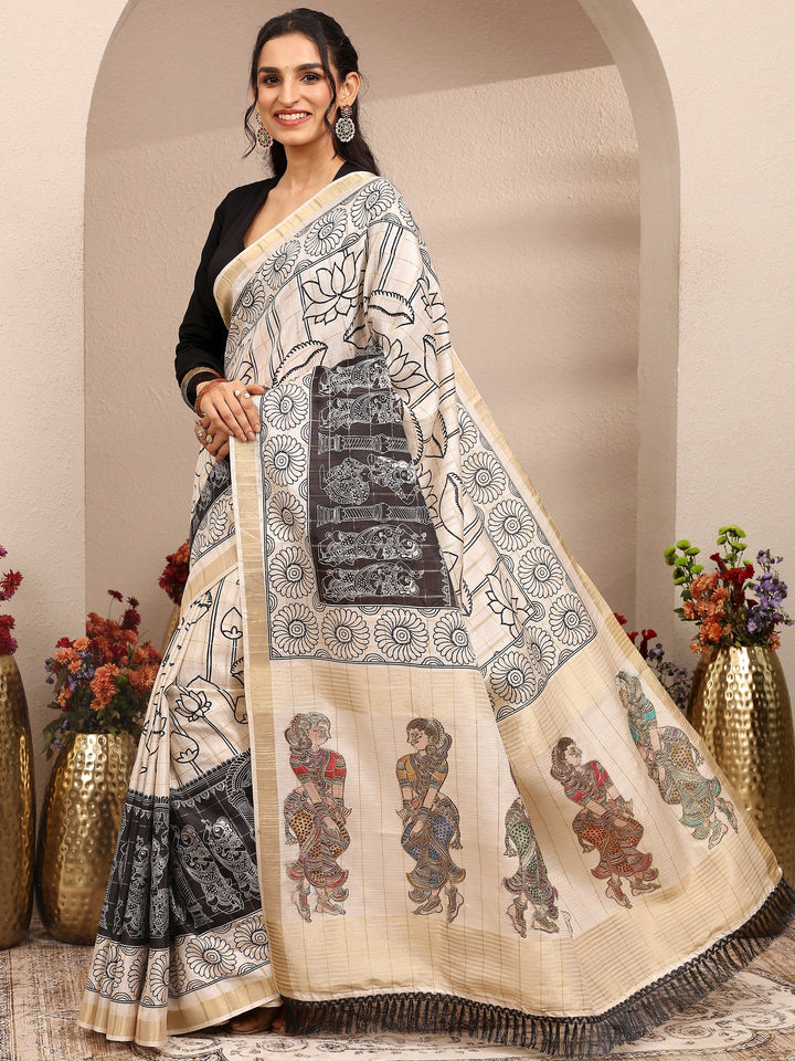 Cream Tribal Printed Silk Blend Saree With Unstitched Blouse Piece