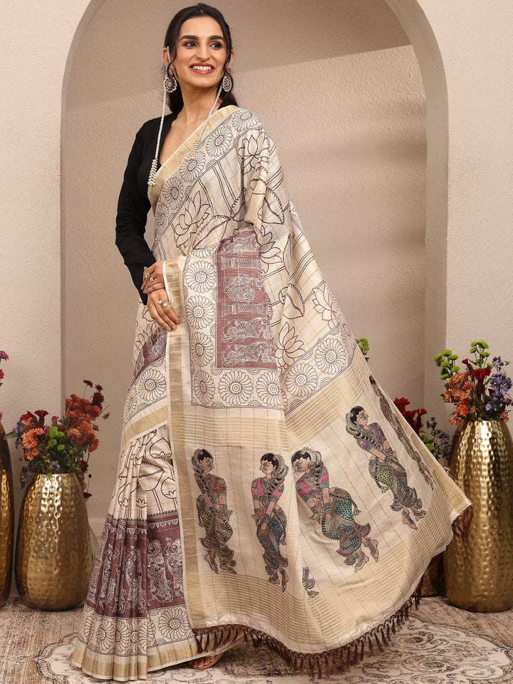 Cream Tribal Printed Silk Blend Saree With Unstitched Blouse Piece