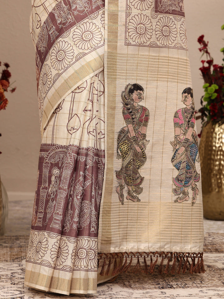Cream Tribal Printed Silk Blend Saree With Unstitched Blouse Piece