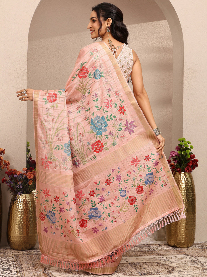 Peach Embroidered Silk Blend Saree With Unstitched Blouse Piece