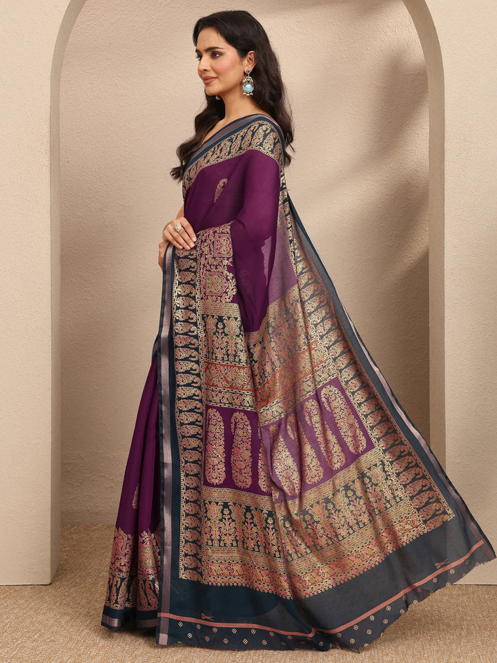 Burgundy Embroidered Silk Blend Saree With Unstitched Blouse Piece