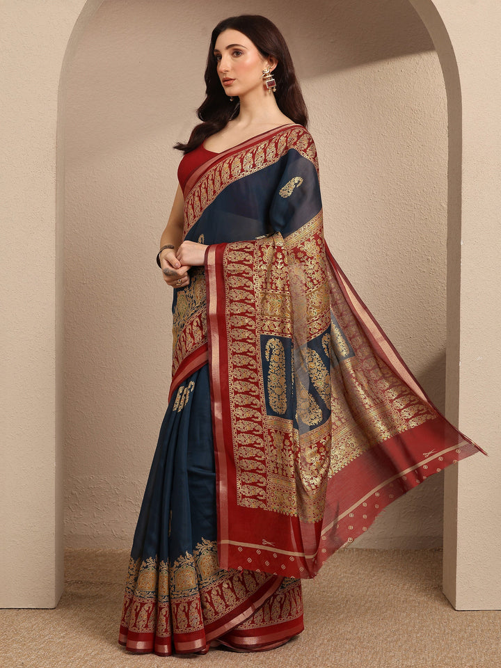 Blue Paisley Woven Design Banarsi Silk Blend Saree With Unstitched Blouse Piece