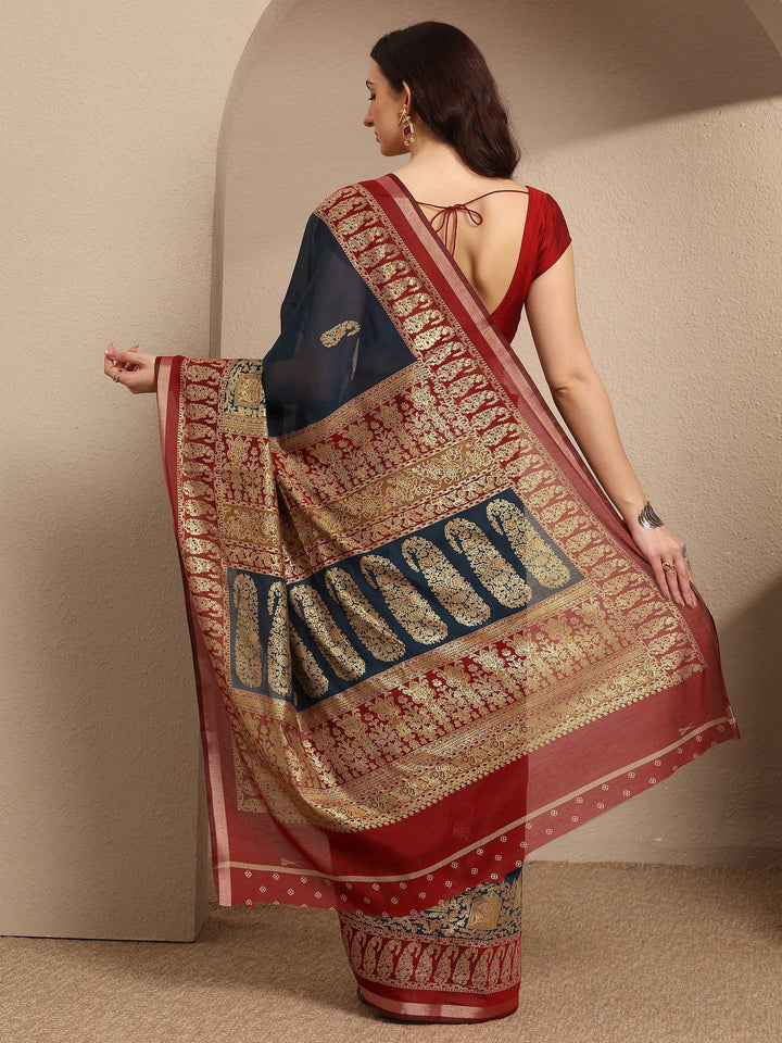 Blue Paisley Woven Design Banarsi Silk Blend Saree With Unstitched Blouse Piece